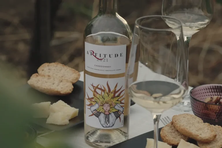 O sticlă de Artitude Chardonnay 2021 cu pahare, pâine și brânză, pe o masă în vie