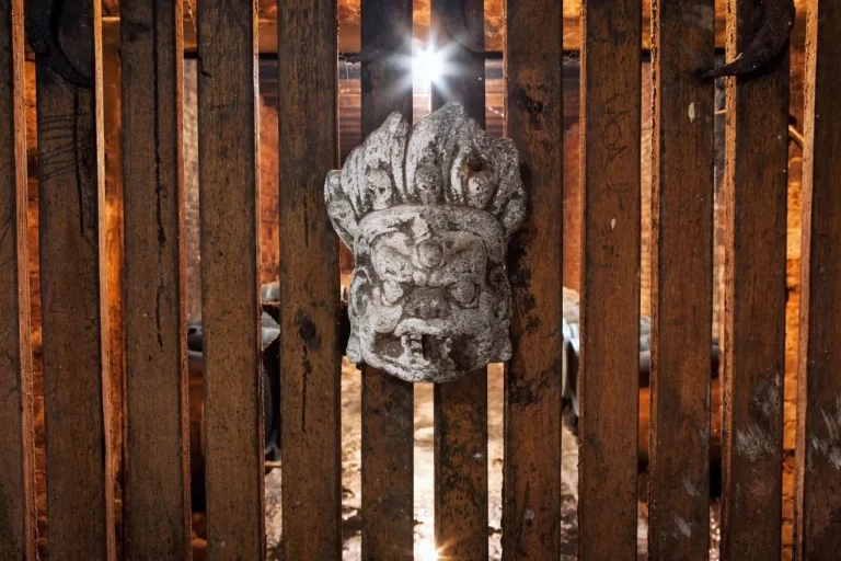 O mască de piatră sculptată, prinsă pe o poartă din șipci de lemn, cu lumină în spatele porții