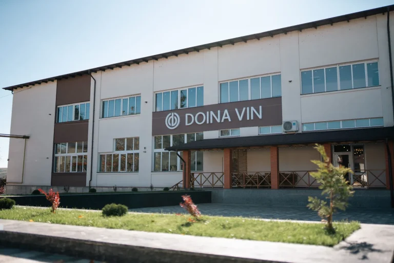 Здание винодельни Doina Vin в Рэзень с надписью DOINA VIN, ясный осенний день