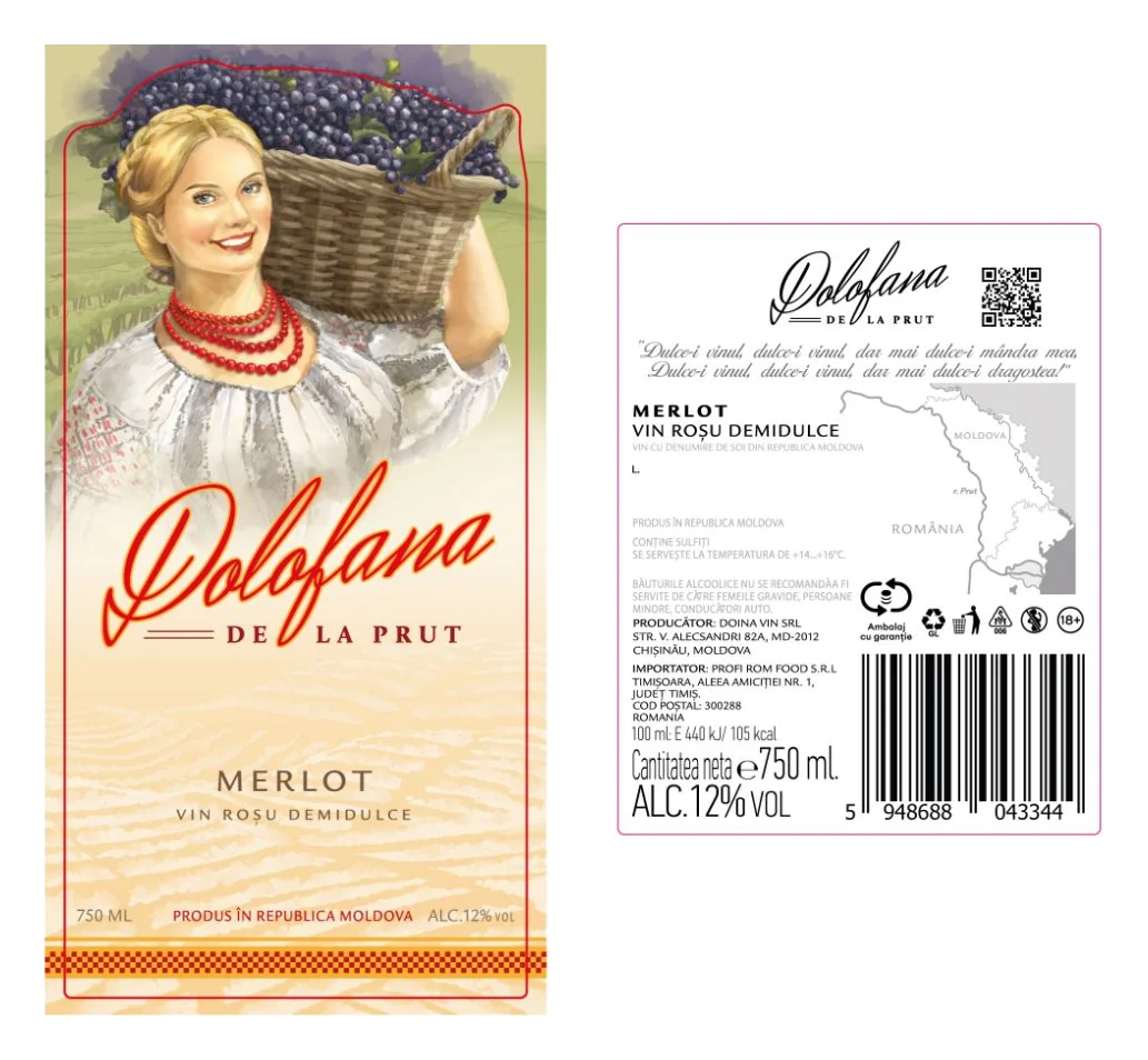 Eticheta din față și contraeticheta vinului Dolofana de la Prut Merlot pentru Profi, cu producătorul Doina Vin SRL și importatorul Profi Rom Food S.R.L.
