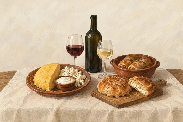 Gouache painting: mămăligă with brânză and sour cream, plăcinte, sarmale, a glass of red and a glass of white wine