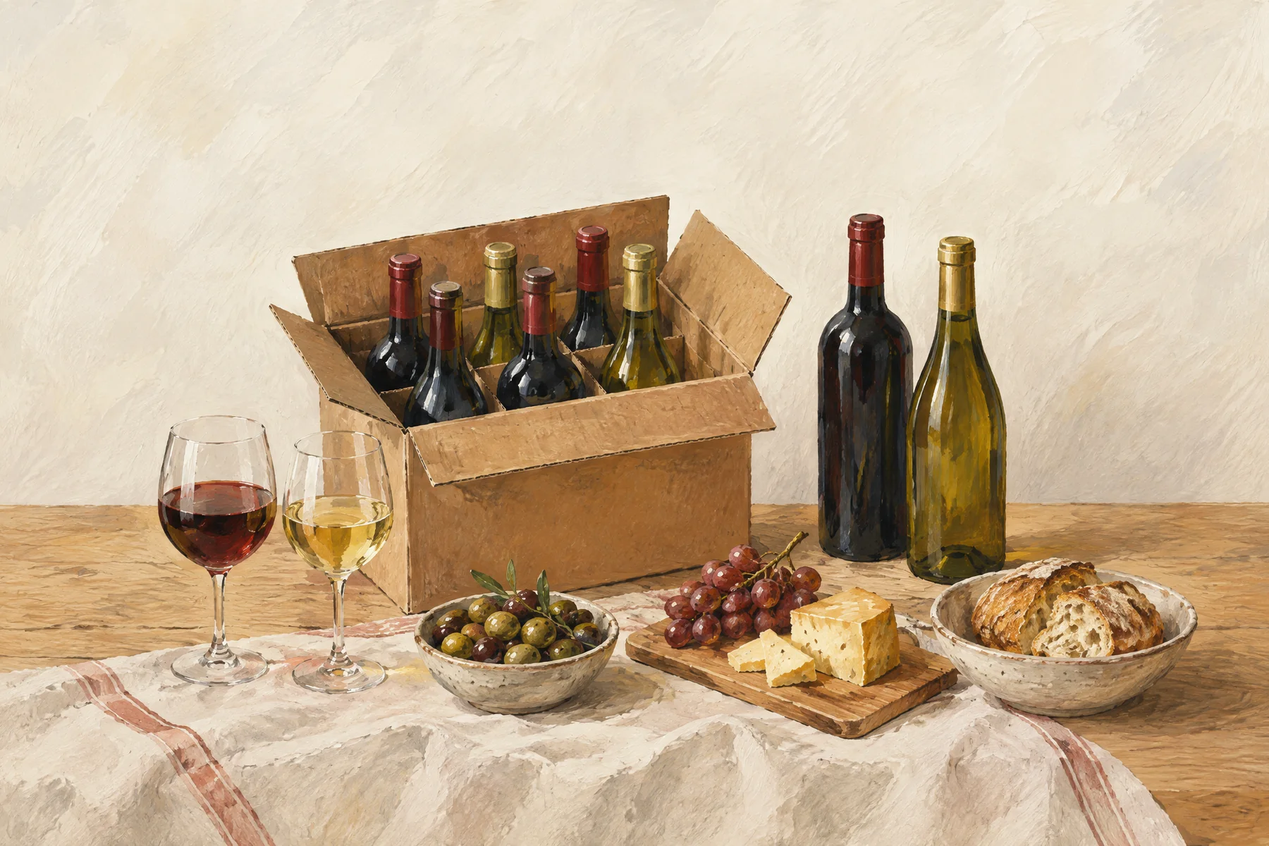 Pictură în guașă: o cutie de carton cu șase sticle de vin, alte două sticle, pahare de vin roșu și alb și gustări pe masă