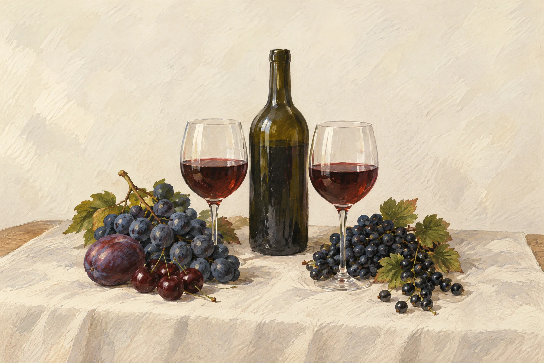 Pictură în guașă: două pahare de vin roșu, un ciorchine de struguri cu boabe mari, o prună și cireșe negre lângă un ciorchine cu boabe mici și coacăze negre