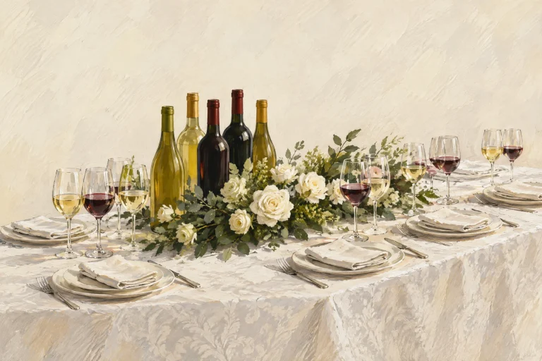 Pictură în guașă: masă lungă de nuntă cu față de masă albă, trandafiri albi, pahare cu vin alb și roșu și sticle de vin