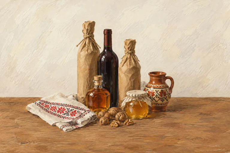 Gouache painting: wine bottles wrapped in paper, a bottle of red wine, a bottle of divin, a painted jug, an embroidered towel, honey and walnuts