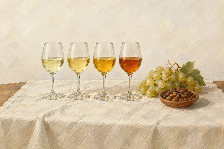 Pictură în guașă: patru pahare de vin alb, de la galben-pai deschis la chihlimbariu, lângă un ciorchine de struguri albi și un bol cu stafide