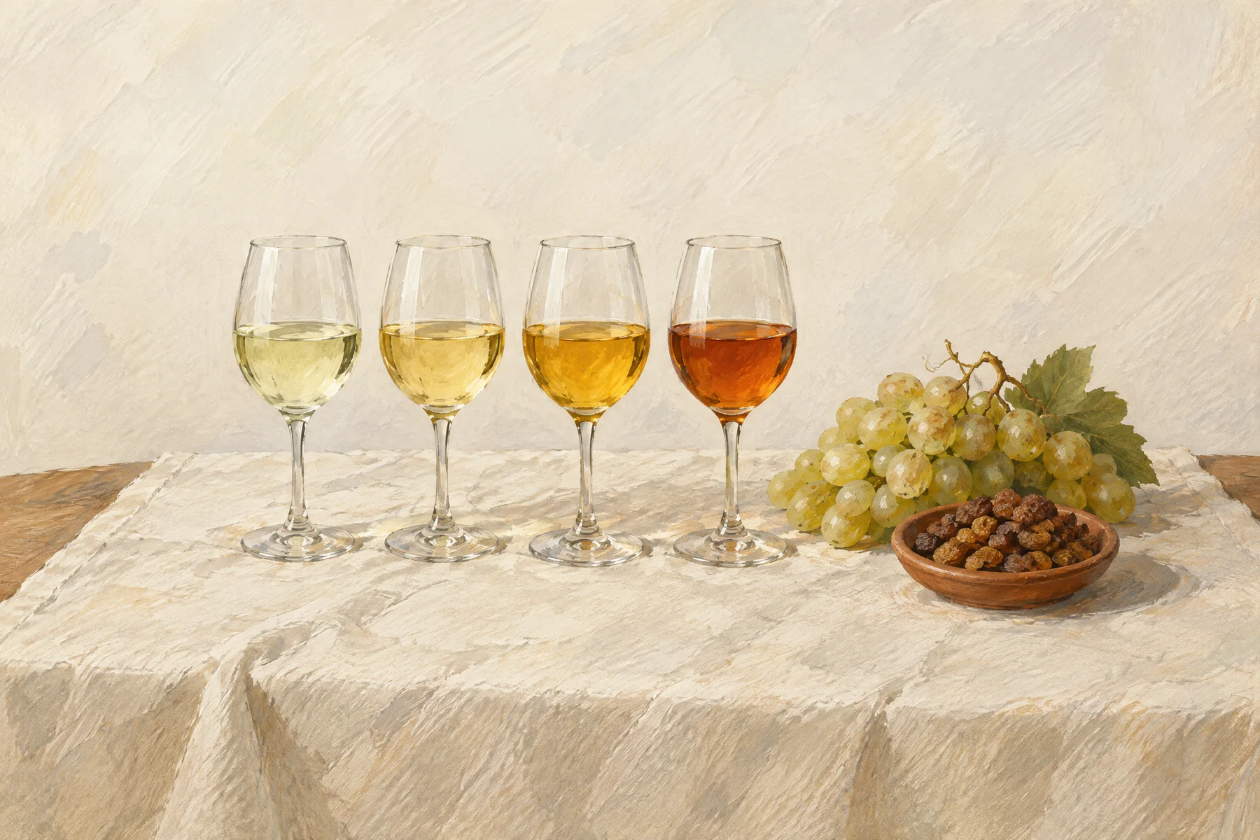 Pictură în guașă: patru pahare de vin alb, de la galben-pai deschis la chihlimbariu, lângă un ciorchine de struguri albi și un bol cu stafide