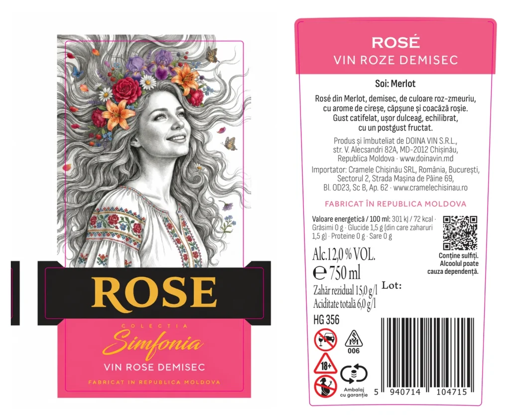 Eticheta din față și contraeticheta vinului Rosé, vin rosé demisec din Colecția Simfonia