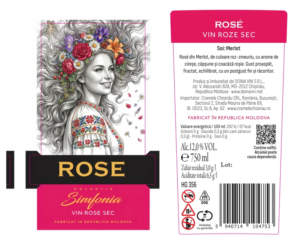 Eticheta din față și contraeticheta vinului Rosé, vin rosé sec din Colecția Simfonia