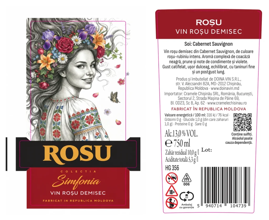 Eticheta din față și contraeticheta vinului Roșu, vin roșu demisec din Colecția Simfonia