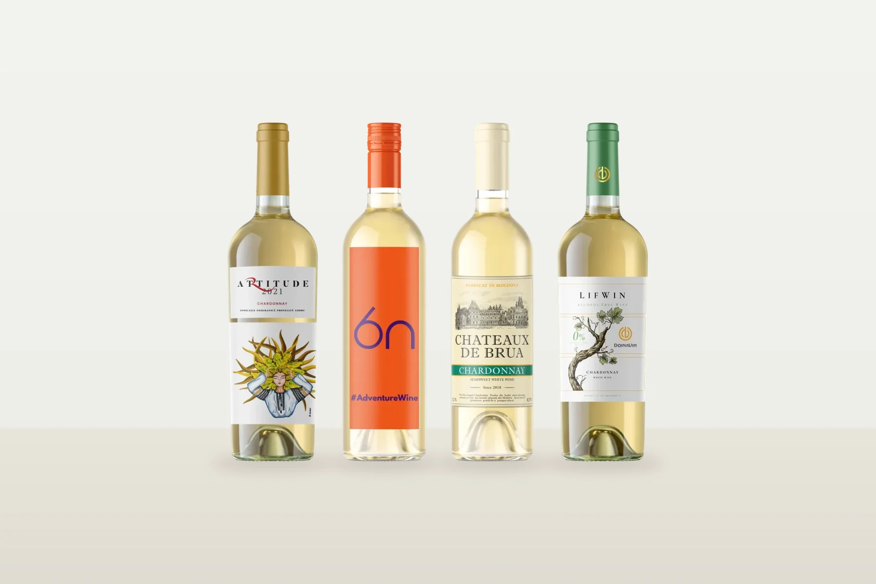 Vinuri din Chardonnay: Artitude Chardonnay 2021, 6N Chardonnay, Châteaux de Brua Chardonnay și LifWin Chardonnay fără alcool