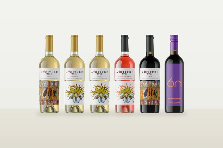 Șase vinuri Doina Vin din soiuri diferite: Artitude Viorica, Chardonnay, Muscat, Fetească Neagră Rosé, Merlot și 6N Cabernet Sauvignon
