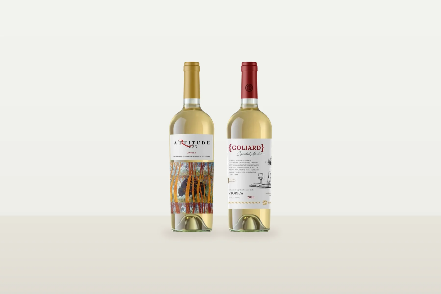 Două vinuri albe din Viorica: Artitude Viorica 2023 și Goliard Viorica 2023