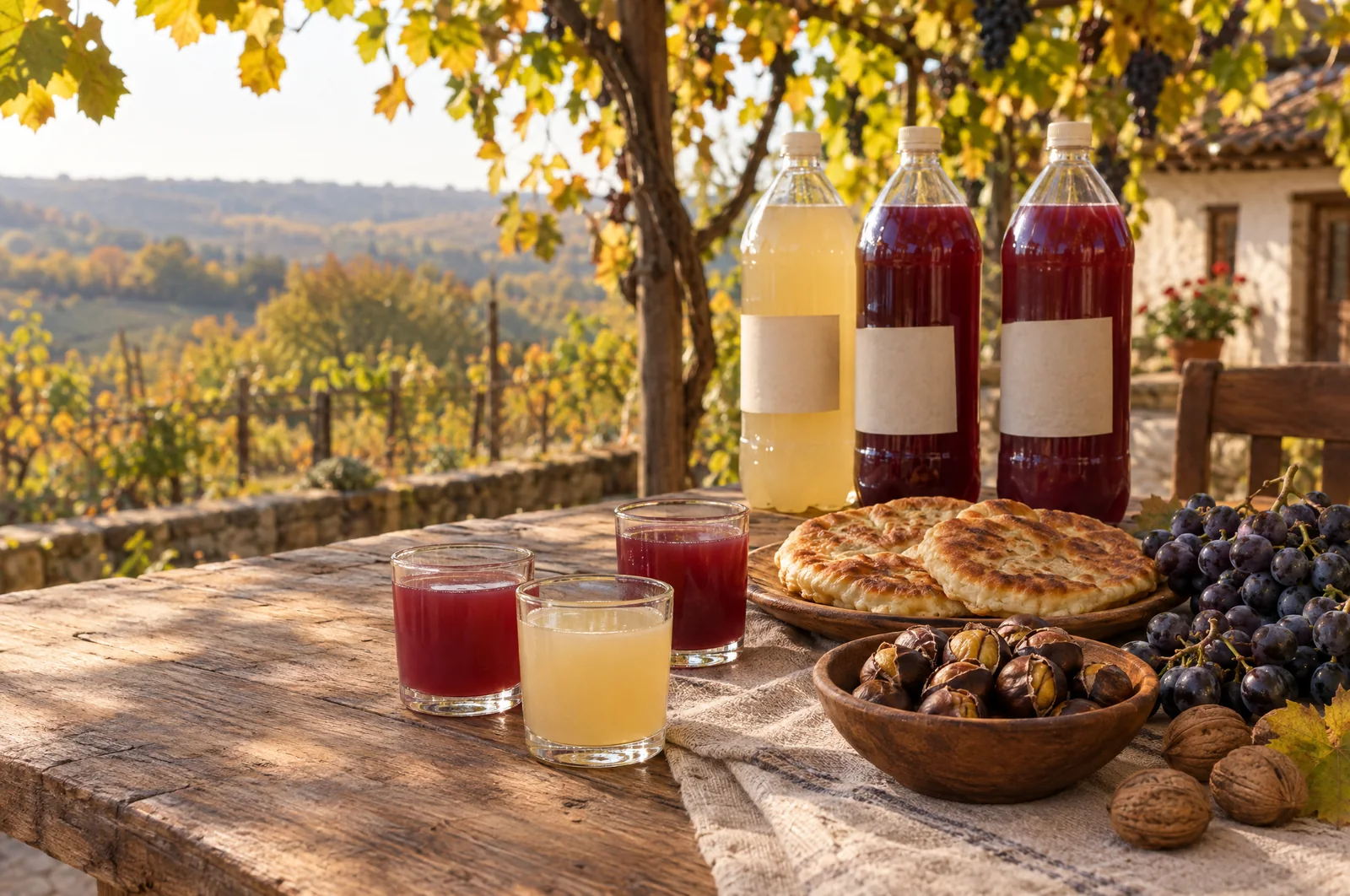 Masă de toamnă pe o terasă sub viță-de-vie: trei sticle PET de tulburel, pahare cu tulburel alb și roșu, plăcinte, castane coapte, struguri și nuci